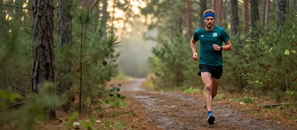 Un coureur français athlétique s'entraîne en forêt au lever du soleil pour illustrer la persévérance sportive.