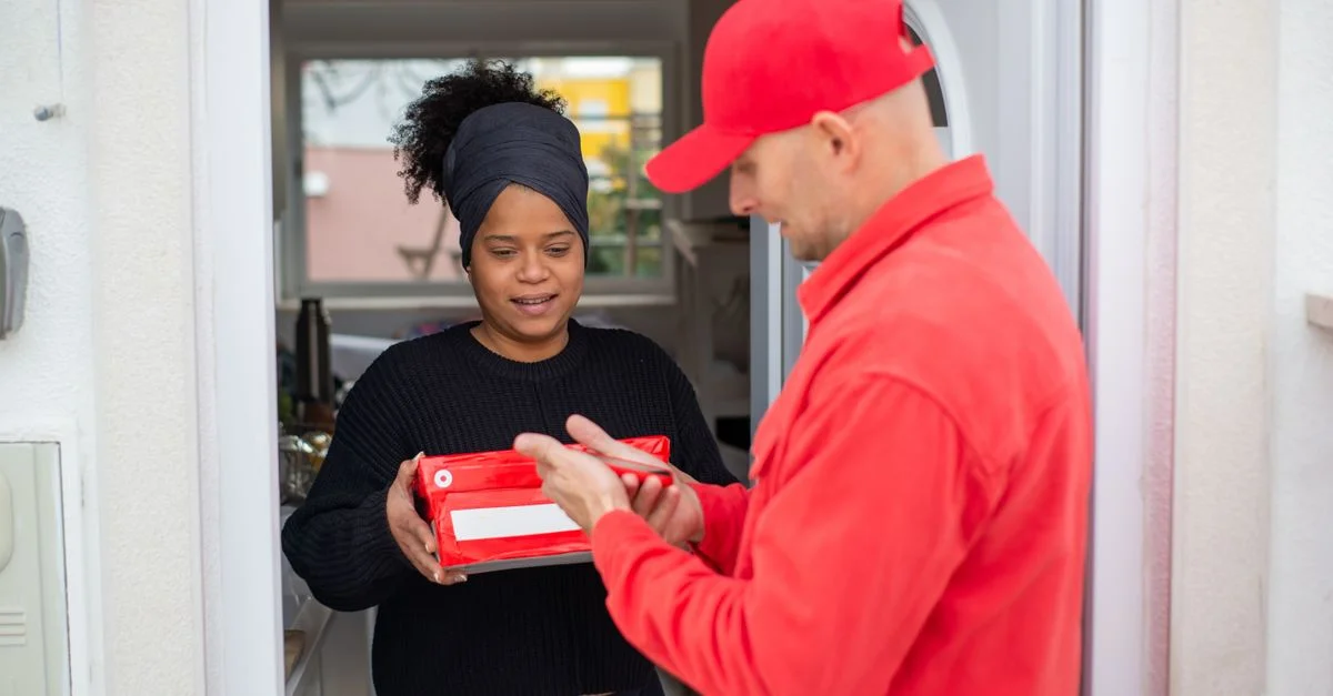 Un livreur remet un colis à une femme souriante à l'entrée de sa maison, symbolisant un service de livraison efficace.