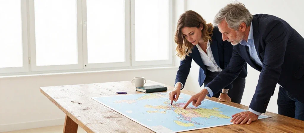 Collaborateurs français analysant une carte du monde pour une stratégie de développement international.